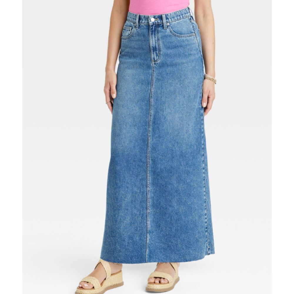 Universal Thread High-Rise Back Slit Denim Maxi Skirt Raw Hem Medium Wash Size 6